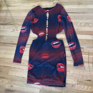 Bodycon Mini Dress with Cutouts and Lip Prints - Blanc Principesa- Size Small